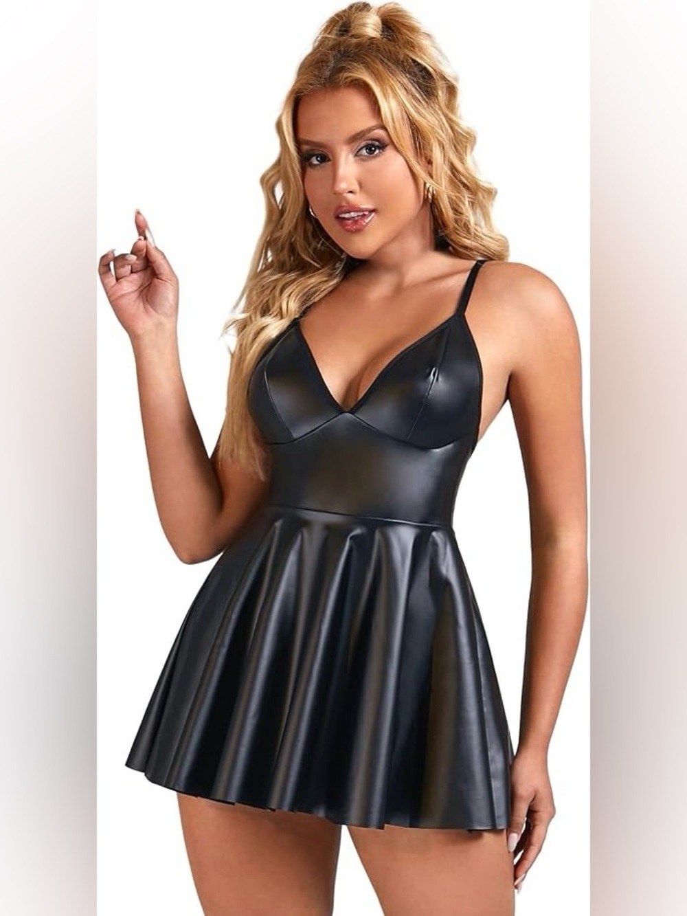 Faux Leather Black Skater Dress with Spaghetti Straps